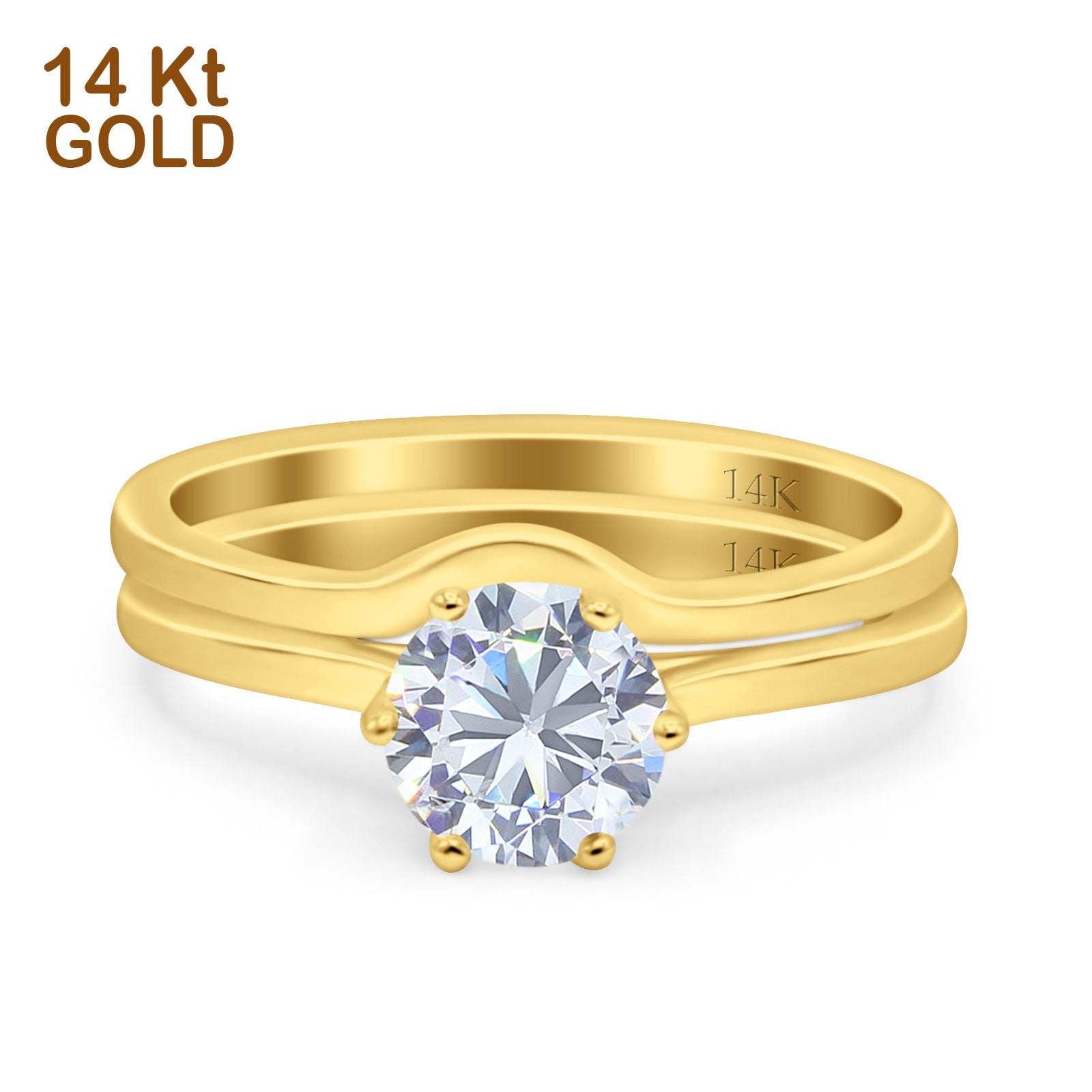 14K Gold Two Piece Solitaire Accent Round Shape Bridal Set Ring Wedding Band Simulated CZ