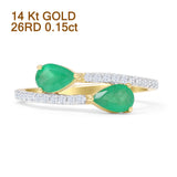 Pear Teardrop Green Emerald Natural Diamond Bypass Ring 14K Gold