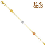 14K Tri Color Gold Light Bracelet Chain with Snow Ball 7" Extension