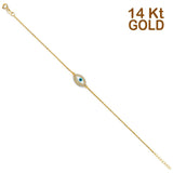 14K Yellow Gold CZ Evil Eye Bracelet Chain 7" + 1" Extension