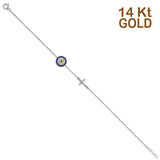 14K White Gold CZ Evil Eye & Cross Bracelet Chain 7" + 1" Extension