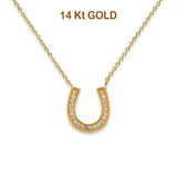 14K Yellow Gold Pave CZ Lucky Horseshoe Necklace 17