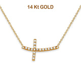 14K Yellow Gold Bended CZ Sideways Cross Necklace 17