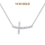 14 K Weißgold, seitlich gebogene CZ-Kreuz-Halskette, 43 cm + 2,5 cm Verlängerung