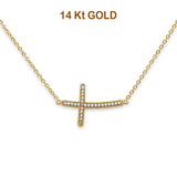 14K Yellow Gold CZ Side Way Cross Necklace 17" + 1" Extension