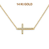 14K Yellow Gold CZ Side Way Cross Necklace 17