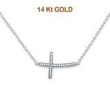 14K White Gold CZ Side Way Cross Necklace 17