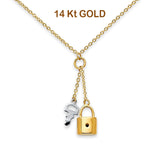 Halskette mit Schlüssel und Schloss aus 14 Karat zweifarbigem Gold, 43,2 cm + 2,5 cm Verlängerung
