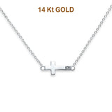 14K White Gold CZ Side Way Cross Necklace 17