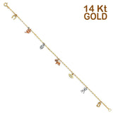 14K Tri Color Gold Lucky Bracelet Chain 7" + 1" Extension