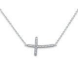 14K White Gold CZ Side Way Cross Necklace 17" + 1" Extension
