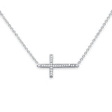 14K White Gold CZ Side Way Cross Necklace 17" + 1" Extension