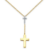 14K Two Tone Gold CZ Cross Necklace 17" + 1" Extension