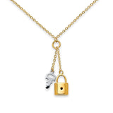 Halskette mit Schlüssel und Schloss aus 14 Karat zweifarbigem Gold, 43,2 cm + 2,5 cm Verlängerung
