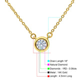 14K Gold .06ct Bezel Solitaire Round Diamond Pendant 18" Necklace