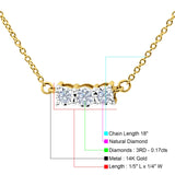 14K Gold 0.17ct Three Stone Round Diamond Pendant Necklace 18" Long