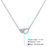 14K White Gold Double CZ Hearts Necklace 17" + 1" Extension