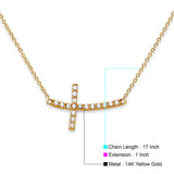 14K Yellow Gold Bended CZ Sideways Cross Necklace 17" + 1" Extension