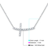 14K White Gold Bended CZ Sideways Cross Necklace 17" + 1" Extension