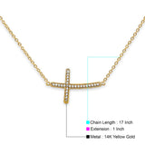 14K Yellow Gold CZ Side Way Cross Necklace 17" + 1" Extension