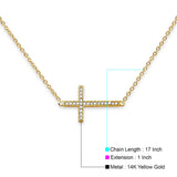 Seitliche Kreuz-Halskette aus 14-karätigem Gelbgold mit CZ, 43,2 cm + 2,5 cm Verlängerung