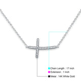 Seitliche Kreuz-Halskette aus 14-karätigem Weißgold mit CZ, 43,2 cm + 2,5 cm Verlängerung