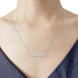 14K White Gold Bended CZ Sideways Cross Necklace 17" + 1" Extension