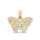14K Two Tone Real Gold Filigree Cute Butterfly Charm Pendant 1.4gm