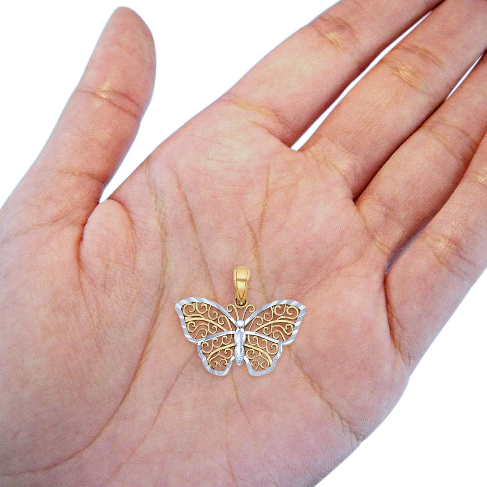 14K Two Tone Real Gold Filigree Cute Butterfly Charm Pendant 1.4gm