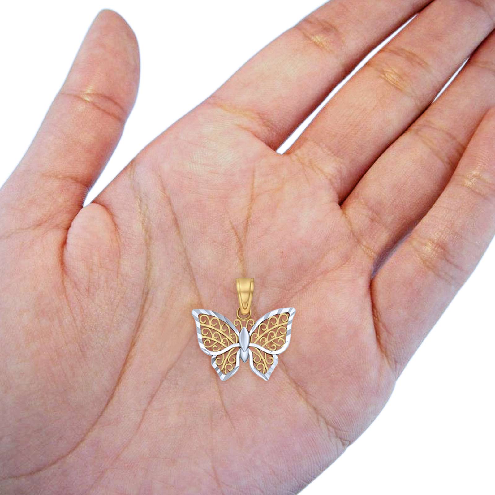 14K Two Tone Real Gold Butterfly Charm Pendant 0.6gm