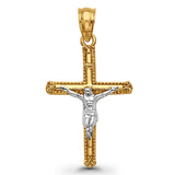 14 K zweifarbiges Gold, Jesus-Kruzifix, INRI-Kreuz, religiöser Charm-Anhänger, 0,8 g