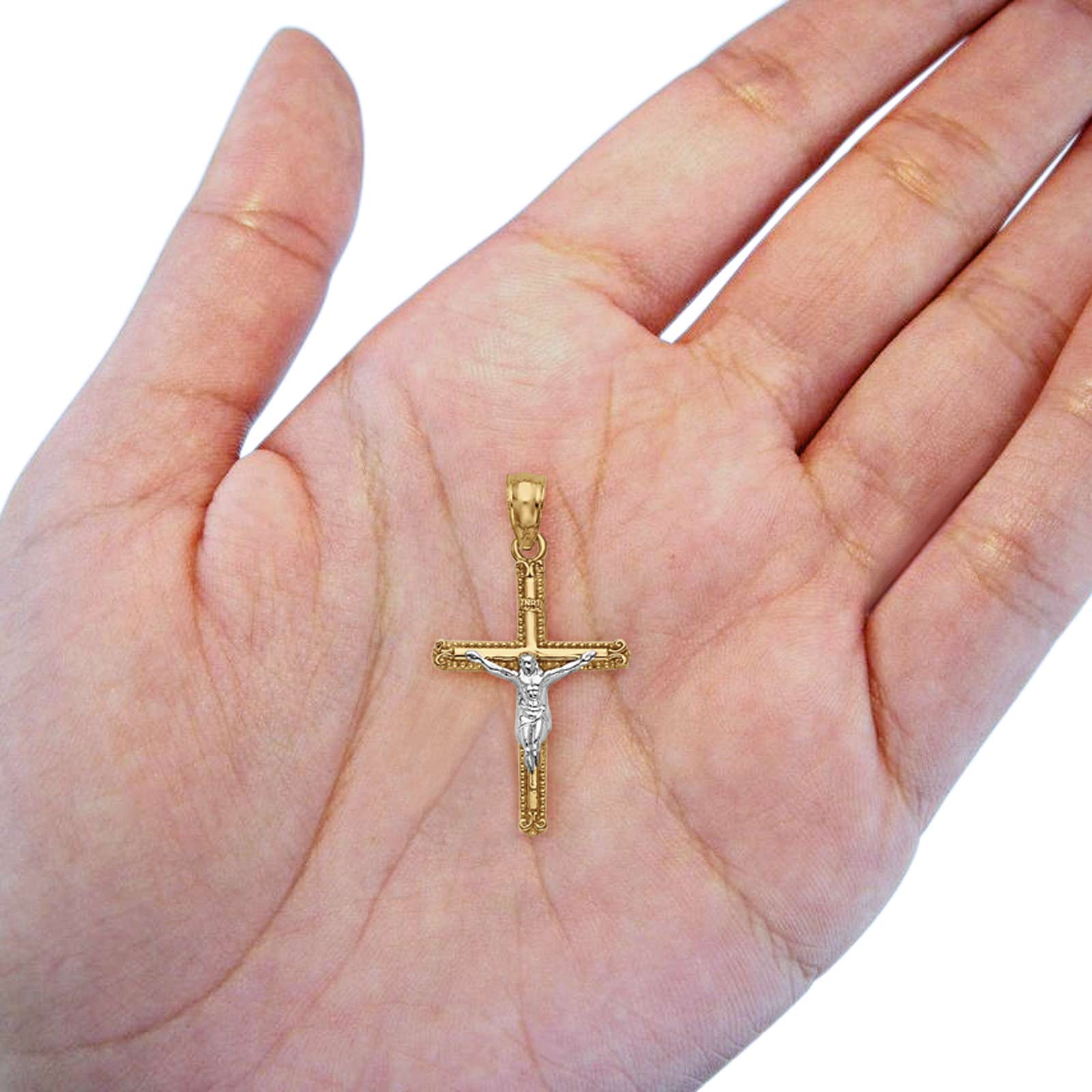 14K Two Tone Gold Jesus Crucifix INRI Cross Religious Charm Pendant 0.8gm