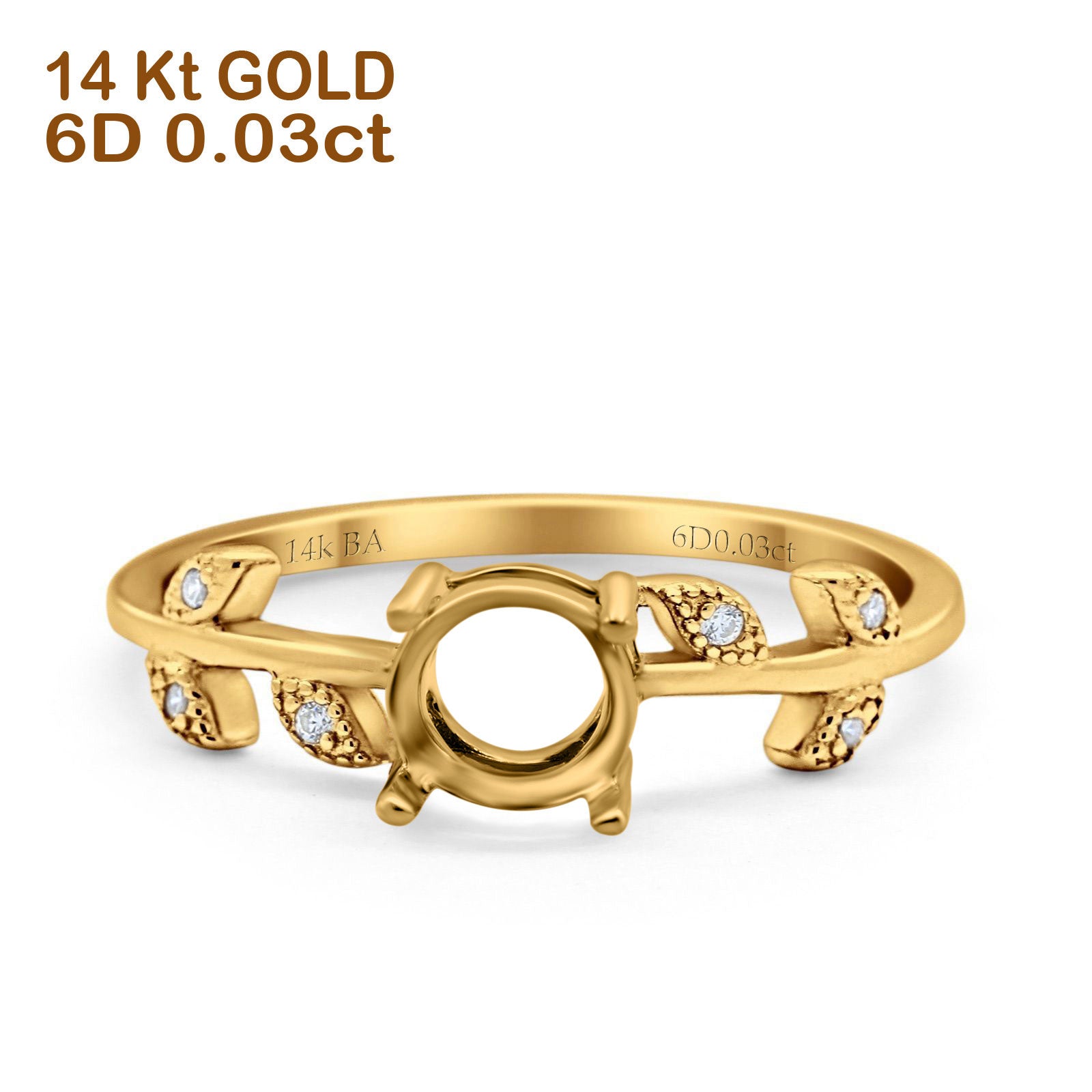 14K Gold 0.03ct Dainty Round Art Deco 6mm G SI Semi Mount Diamond Engagement Wedding Ring