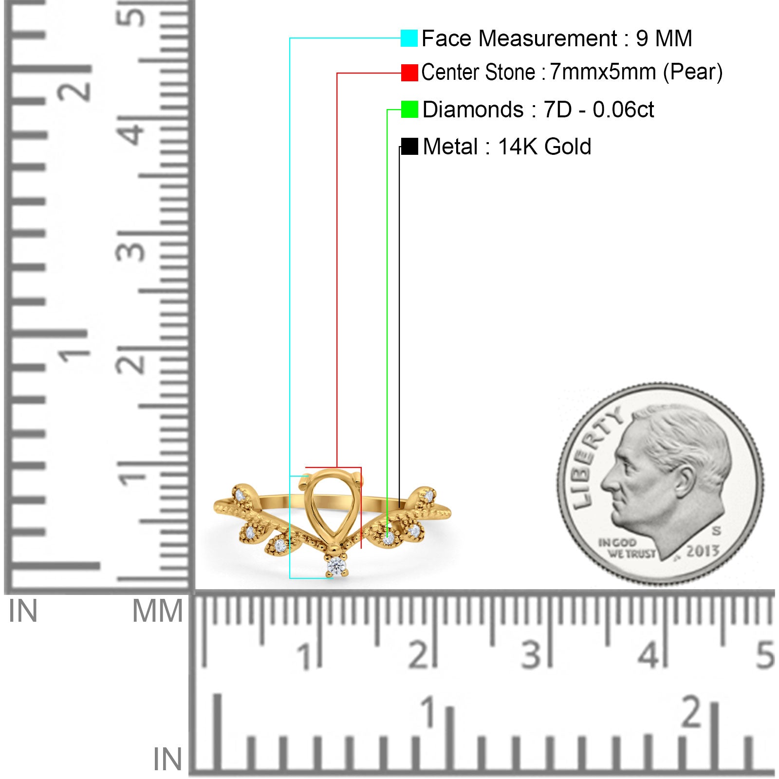 14K Gold 0.06ct Pear 7mmx5mm G SI Semi Mount Diamond Engagement Wedding Ring