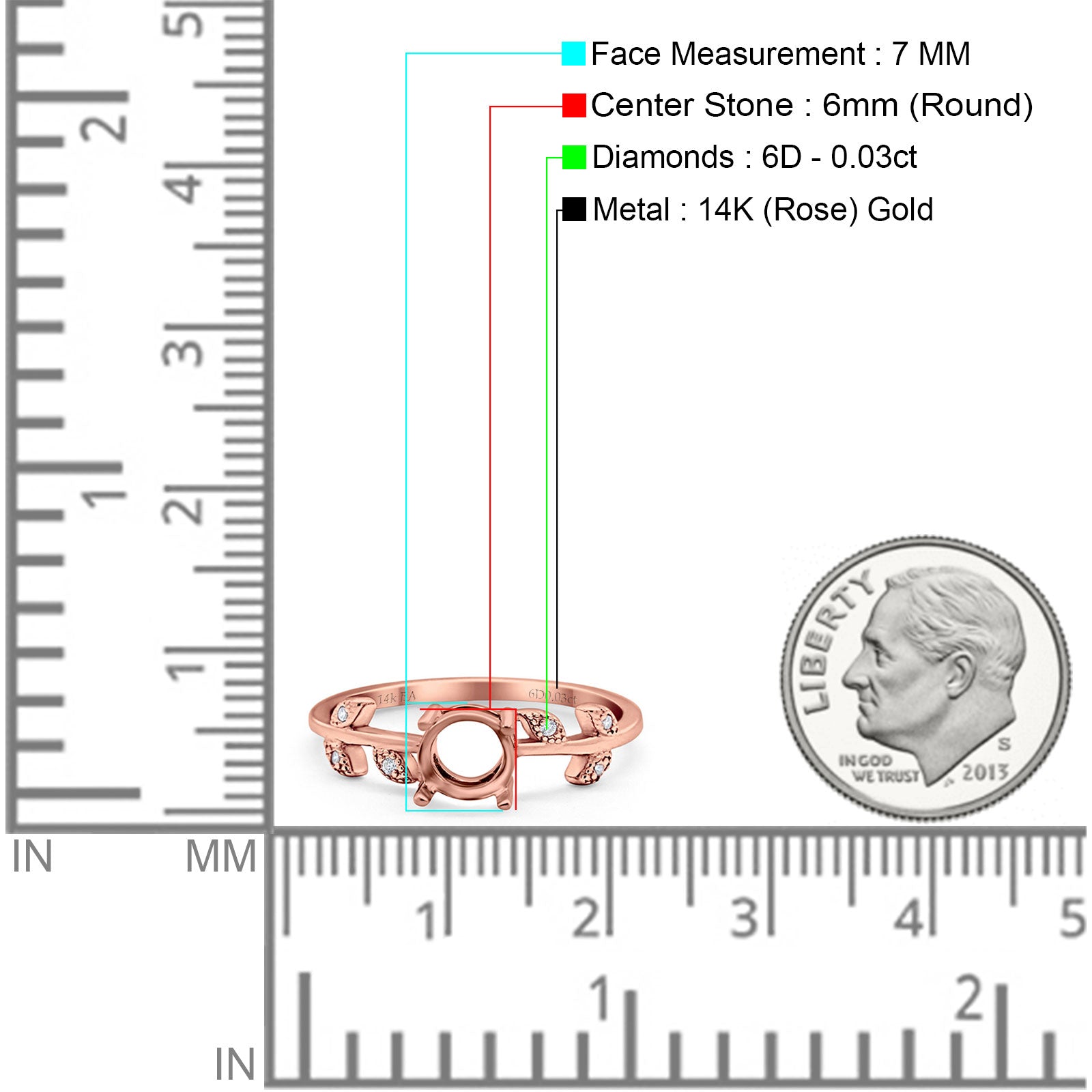 14K Gold 0.03ct Dainty Round Art Deco 6mm G SI Semi Mount Diamond Engagement Wedding Ring